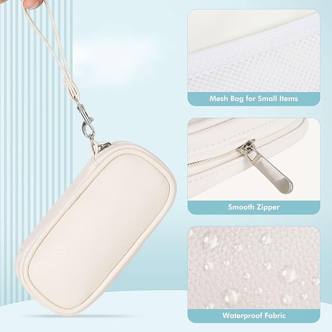 Portable Tampon Organizer Bag, Beige PU Pouch with Handle and Zipper for Women's Period Products