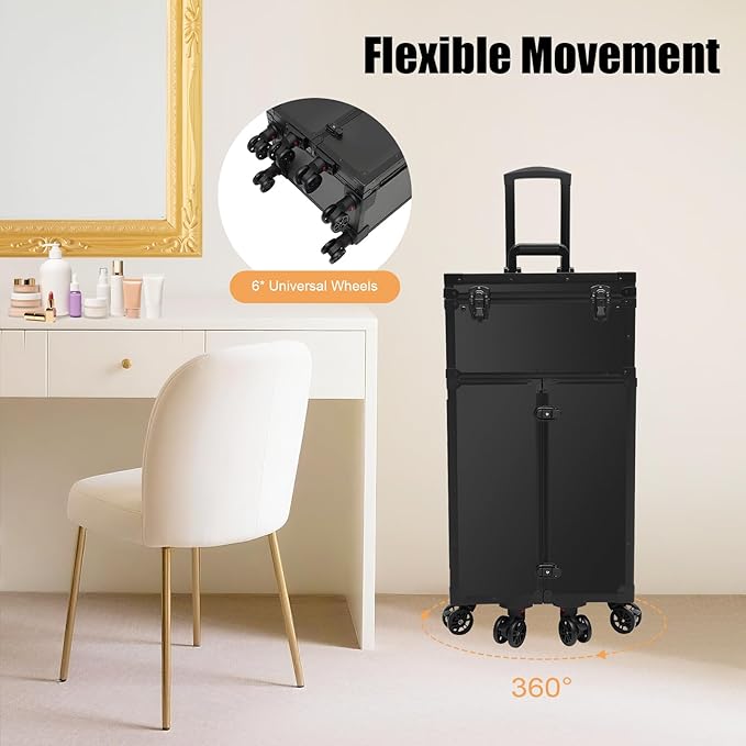 Rolling Makeup Case Large Storage Cosmetic Trolley, Rolling Lockable Makeup Train Case, Stylist Beauty Salon Cosmetic Luggage Travel Organizer Tool Box