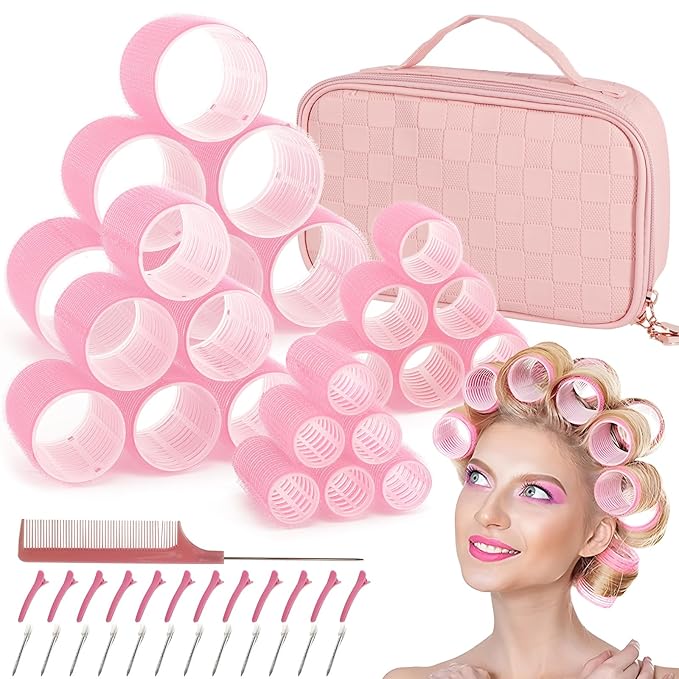 4 Sizes Hair Rollers for Women, 50 Pcs Hair Curler Rollers with Clips, Self Grip Hair Rollers Set for Long, Short Hair and Bangs, 25mm, 36mm, 48mm, 60mm, Pink