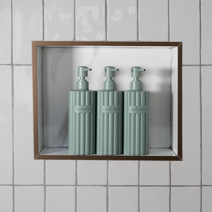 Stylish Shampoo and Conditioner Dispenser Set of 3 - Modern 19oz Shower Soap Bottles with Pump and Labels - Easy to Refill Body Wash Dispensers for an Instant Bathroom Decor Upgrade