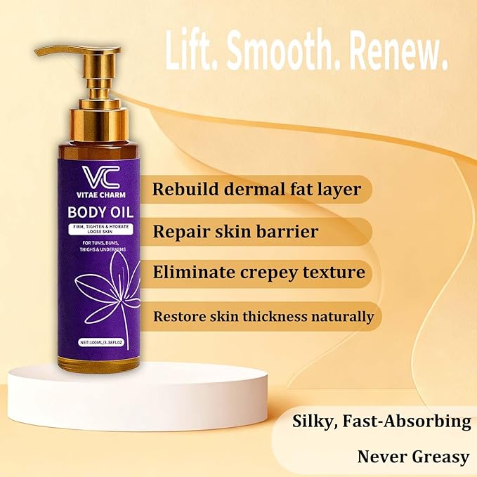 Vitae Charm Body Oil for Crepey Skin Repair, Luxury Cold-Pressed Body Oil for Skin Tightening & Deep Hydration, Blend of Jojoba, Almond & Coconut Oil for Smooth Skin, 3.4 fl oz
