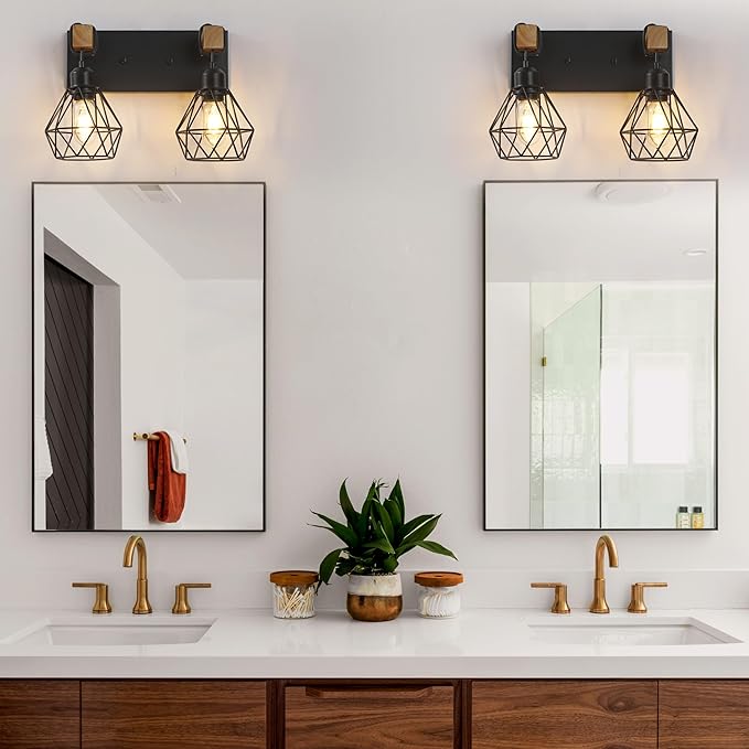 Farmhouse Bathroom Vanity Light Fixtures, 3-Light Wood Bathroom Light Fixtures Over Mirror, Rustic Sconces Wall Lighting with Elegant Metal Lampshade for Living Room, Bedroom, Hallway