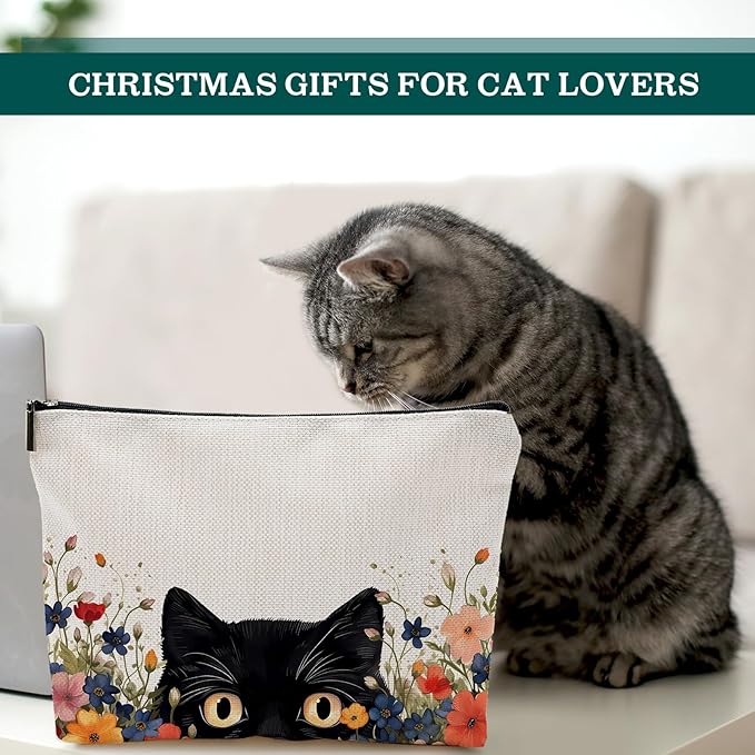 CHENGU 6 Pcs Cat Makeup Bag Black Cat Lover Gifts Cat Cosmetic Bags Funny Cool Black Cat Canvas Toiletry Bags with Zipper Portable Cat Mom Gifts Cat Owners Birthday Gifts For Teen Girls Women