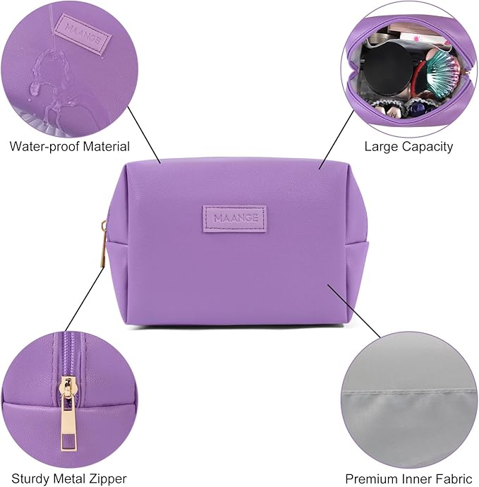MAANGE Small Makeup Bag For Purse, Travel Cosmetic Bag Makeup Pouch PU Leather Portable Versatile Zipper Pouch For Women (Purple)