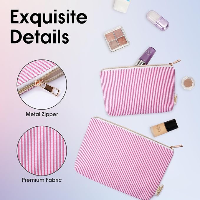 Wandering Nature Makeup Bag Small Cosmetic Bag for Purse 2 Pack Small Make Up Pouch Cute Travel Pouch with Zipper for Women, Pink Stripe