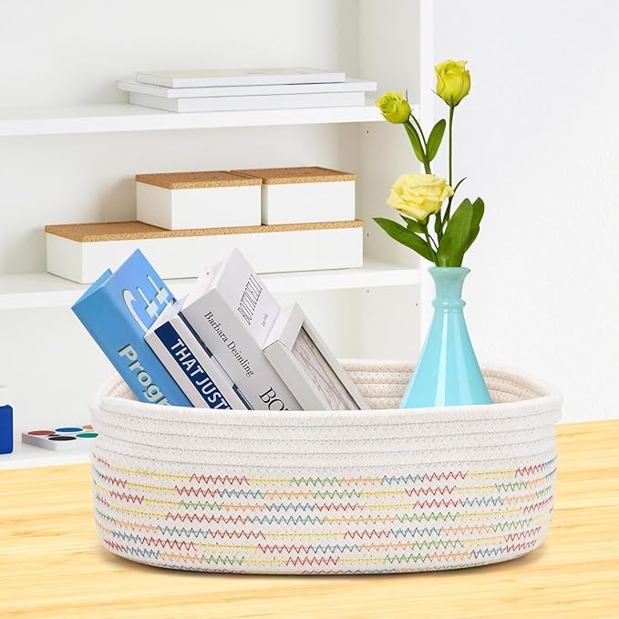 7 Piece Cotton Rope Woven Basket Set - Small Basket for Baby Nursery, Pets, Montessori, Dog & Cat Toy Boxes, Bathroom Organization Bins (White/Rainbow Stitching)
