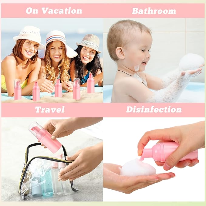 24 Pcs Foam Pump Bottles 1 Oz/ 30 ml Plastic Mini Empty Dispenser Travel Soap Foaming Bottles for Refillable Hand Sanitizer Lash Shampoo(Pink)