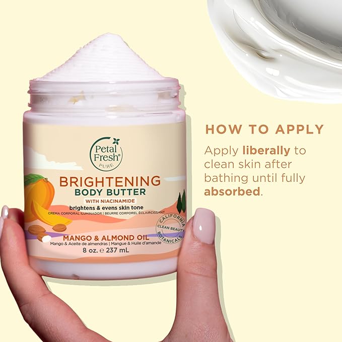 Petal Fresh Pure Brightening Mango & Almond Oil Body Butter with Niacinamide, Shea Butter, Promotes Collagen, For All Skin Types, Vegan and Cruelty Free, Non-Greasy, 8 oz – MADE IN USA