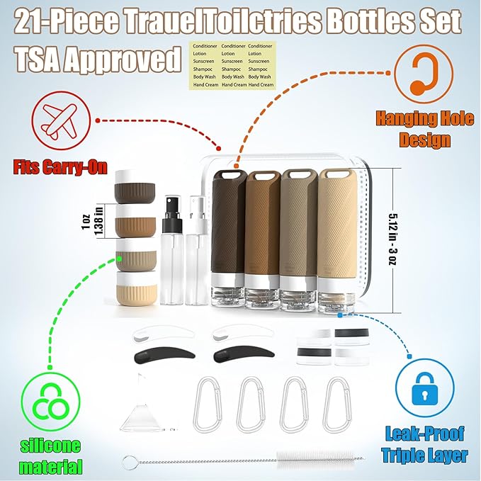 26 Pieces Travel Size Toiletries Bottles Set, Tsa Approved Leakproof Refillable Travel Bottles with Hanging hole design, Silicone Material, Suitable for Shampoo, Conditioner, and Body Lotion