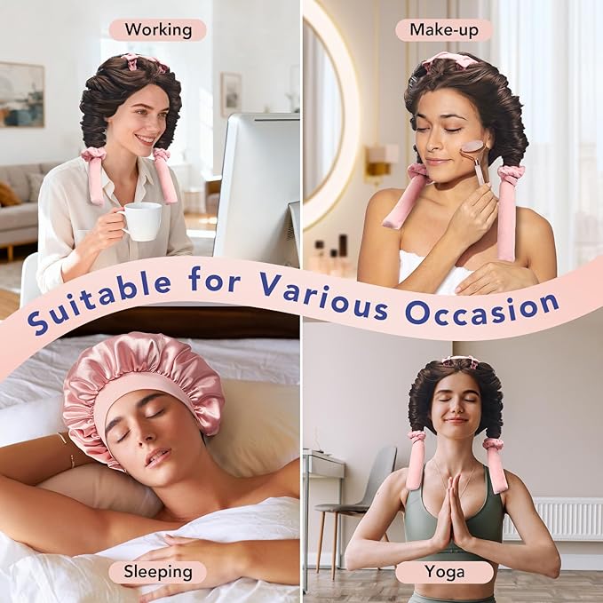 LitBear Heatless Curls Overnight, 2 Sizes of Soft Hair Rollers for Women with Bonnet to Sleep In, No Heat Hair Curlers Set with Scrunchies and Clips, for Long and Medium Hair (Pink)