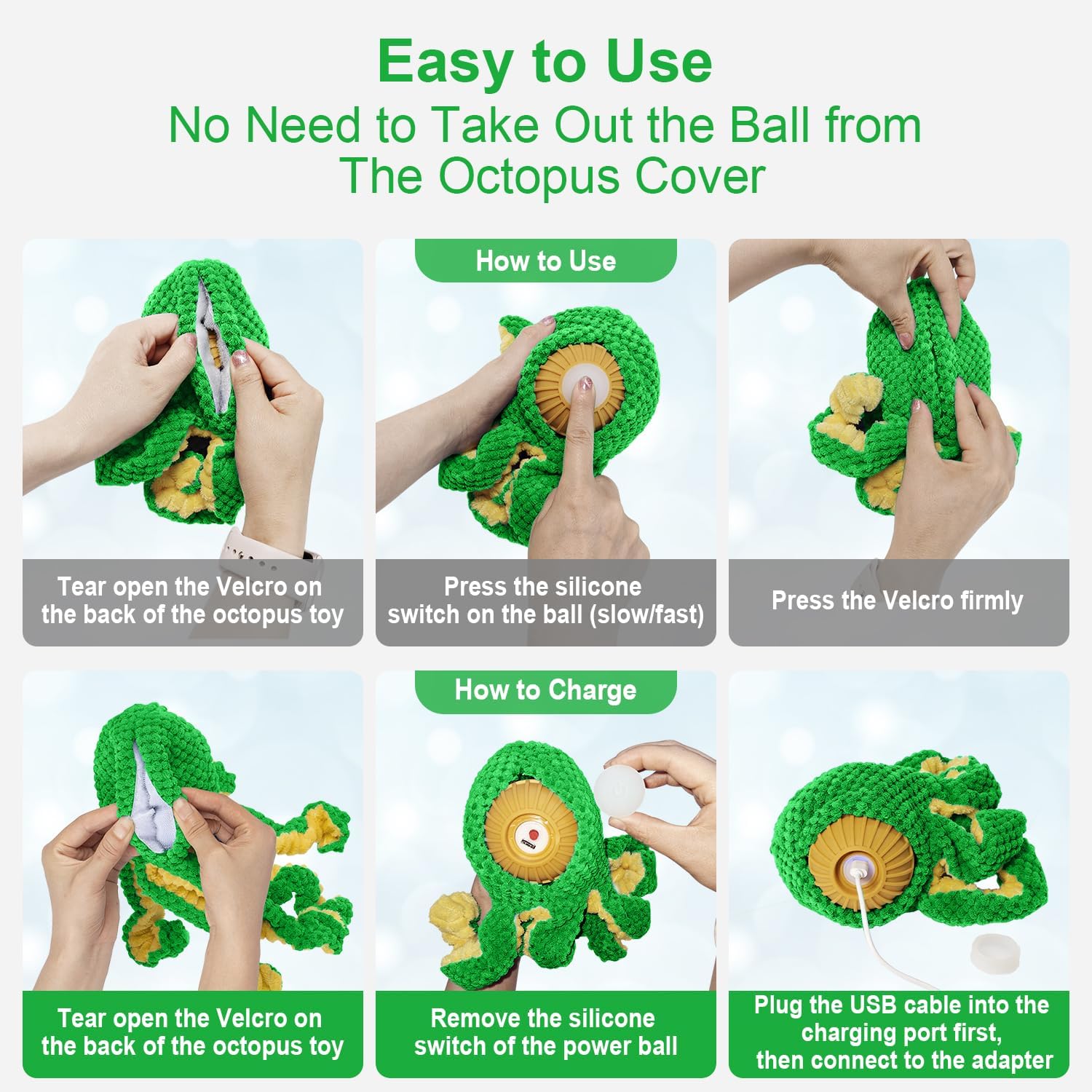 Interactive Dog Toys Octopus,Durable Automatic Jumping Dog Toy to Keep Them Busy,Squeaky Moving Tug of War Doggie Toy,USB Rechargeable,Not for Aggressive Chewers (Green)