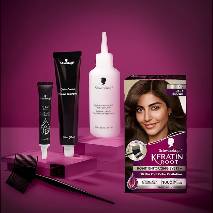Schwarzkopf Keratin Root Permanent Hair Color Kit, 4.0 Dark Brown, 1-Application Root Touch-Up with Collagen & Vitamin B6, Complete Gray Coverage, Precision Brush, All Hair Types & Textures
