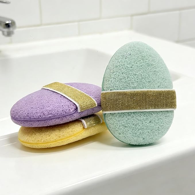 Facial Sponges for Cleansing, Exfoliating Face Sponge with Upgraded Elastic Strap, Reusable Makeup Remover Pads for Daily Wash & Gentle Exfoliating, 3-Pack Face Scrubber Oval(Blue Purple Yellow)