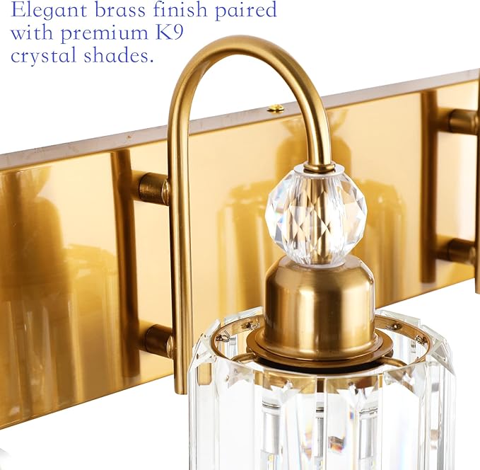 Ralbay Brass Gold Bathroom Vanity Lights 3-Lights Brass Gold Crystal Vanity Lights Over Mirror Modern Crystal Brass Gold Bathroom Vanity Lighting Fixtures