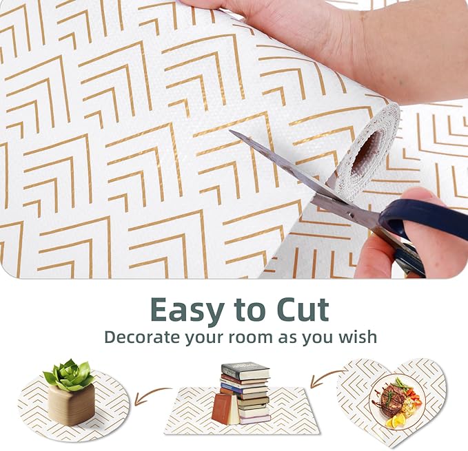 Shelf Liner for Kitchen Cabinets 12in x 10FT Non Adhesive Drawer Liner Non-Slip Thickened Shelf Liner Paper Strong Easy to Clean for Tool Box Refrigerator with Knife and Tape Measure, Gold Arrow