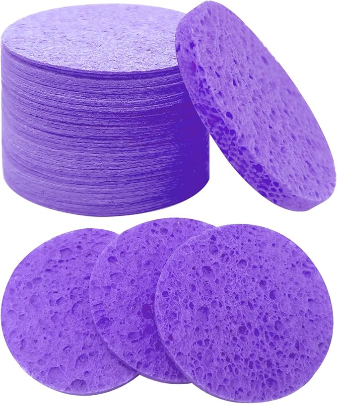 50-Count Large Compressed Facial Sponges for Estheticians,Daily Cleansing and Gentle Exfoliating- 100% Natural Cellulose Spa Sponge Perfect for Removing Dead Skin,Dirt and Makeup(Round 2.95",Purple)