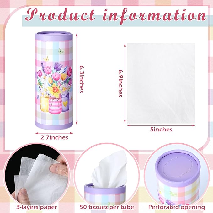 12 Pack Hello Spring Car Tissue Cylinder Holder Bulk with 3 Ply Facial Tissues Flower Round Napkin Holders for Cup Holder Cylinder Floral Mason Jar Travel Paper Tubes Bulk Napkin Boxes Packs