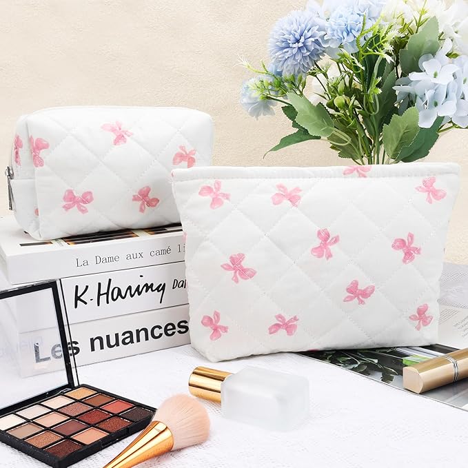 2Pcs Small Makeup Bag Quilted Cosmetic Bag Flower Pencil Case Travel Makeup Bag Set for Women Cute Cosmetic Pouch Aesthetic Cotton Toiletry Organizer Storage Bags Puffy Zipper Pouch Christmas Gifts D