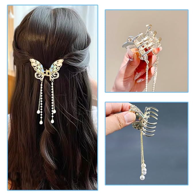 3 Pieces Butterfly Hair Claw Clip Butterfly Tassel Hair Clips Rhinestone Metal Exquisite Hair Clips Non Slip Hair Clamps Hair Styling Accessories for Women Girls