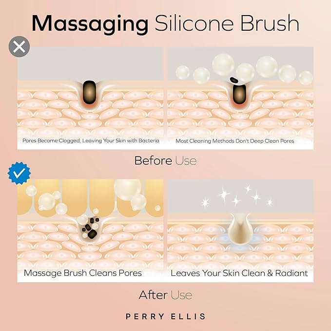 Perry Ellis 3-in-1 Silicone Face Wash Brush with Makeup Applicator & Metallic Massage Plate, Electric Vibrating Facial Cleanser, IPX6 Water-Resistant Skin Care Tool with Stand