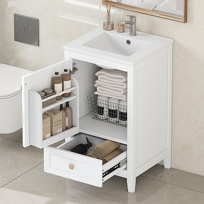 Bellemave 20-inch Solid Wood Bathroom Vanity with Sink, Free Standing Cabinet, Soft Closing Door, Storage Rack, Drawer (White)