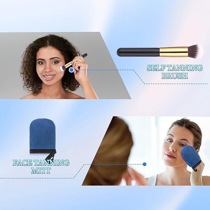Boao 5 Pieces Self Tanning Mitt Applicator Kit, Includes Tanning Mitt, Exfoliating Glove, Mini Face Glove, Back Lotion Applicator, and Large Brush Makeup (Navy Blue)