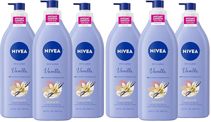 NIVEA Oil Infused Vanilla and Almond Oil Body Lotion for Women,Fast-Absorbing and Non-Greasy Vanilla Scented Lotion Moisturizes for 48 Hours,16.9 Fl Oz Pump Bottle,(Pack of 6)