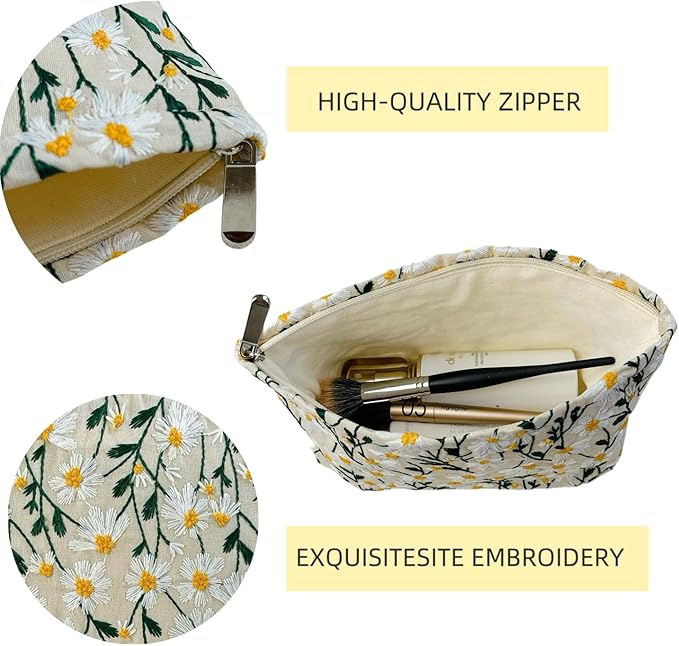 2 Pcs Makeup Bags, Large Cosmetic Bag Travel Toiletry Bag Organizer for Women, Embroidery Craft, Floral Makeup Bag Small Cosmetic Pouch Purse with Zipper Gifts for Girls Teen