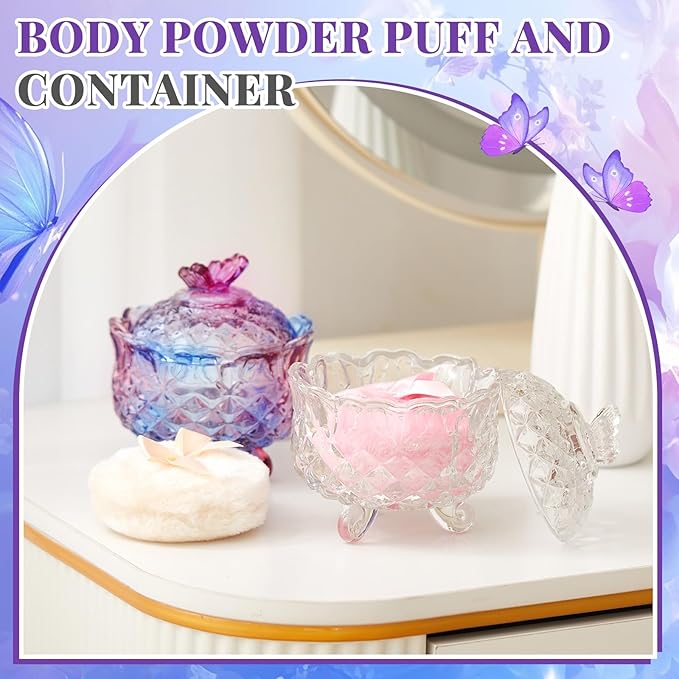 Tioncy 4 Pcs Large Body Powder Puff and Container Extra Large Body Powder Puff Dish Soft Washable Reusable Fluffy Makeup Sponge Wet Dry(Butterfly,Purple and Clear)