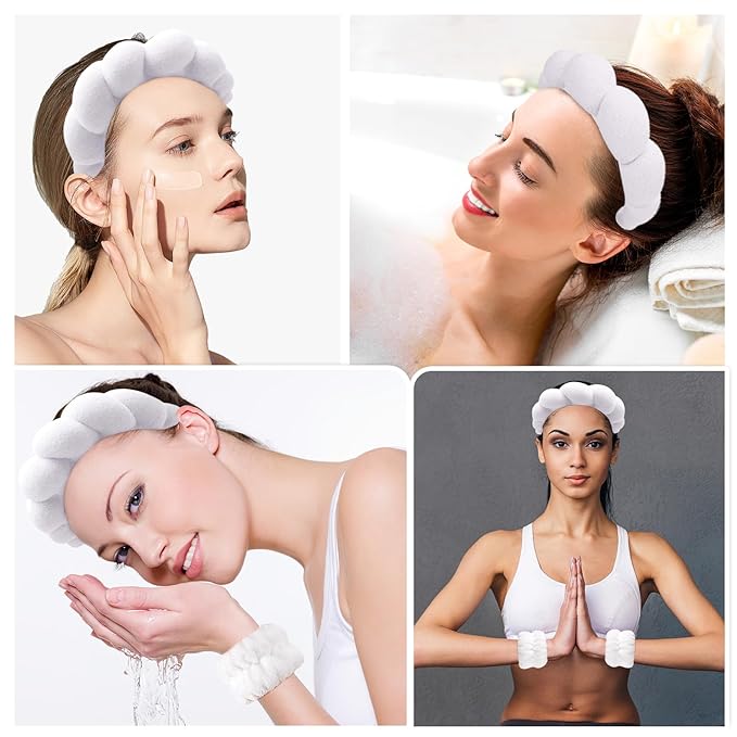 Zkptops Spa Headband for Washing Face Wristband Sponge Makeup Skincare Headband Bubble Soft Terry Cloth Hairband Christmas Birthday Gift for Women Girls Fashion Puffy Non Slip Thick Headwear (White)