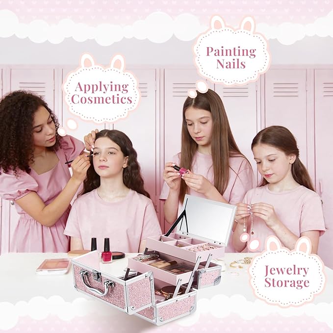 FRENESSA Makeup Case Organizer Portable Makeup Train Case Cosmetic Box with Mirror Jewerly Tray for Girls Nail Supplies Make Up Cases Organizers and Storage Kids Craft Case Pink