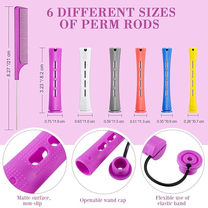 WILLBOND 60 Pieces Hair Perm Rods Set Plastic Cold Wave Perming Rods for Natural Hair Long Short Curling Rollers with Rat Tail Comb for Hairdressing(Soft Color,Multi Sizes)