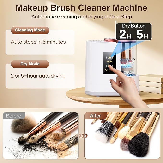 Electric Makeup Brush Cleaner 3-in-1, Automatic Brush Cleaning & Drying Machine with Dual-Direction Cleaning, Adjustable Dryer, Fits All Brush Sizes, for Makeup Brush Set, Blush Brush, Sponges