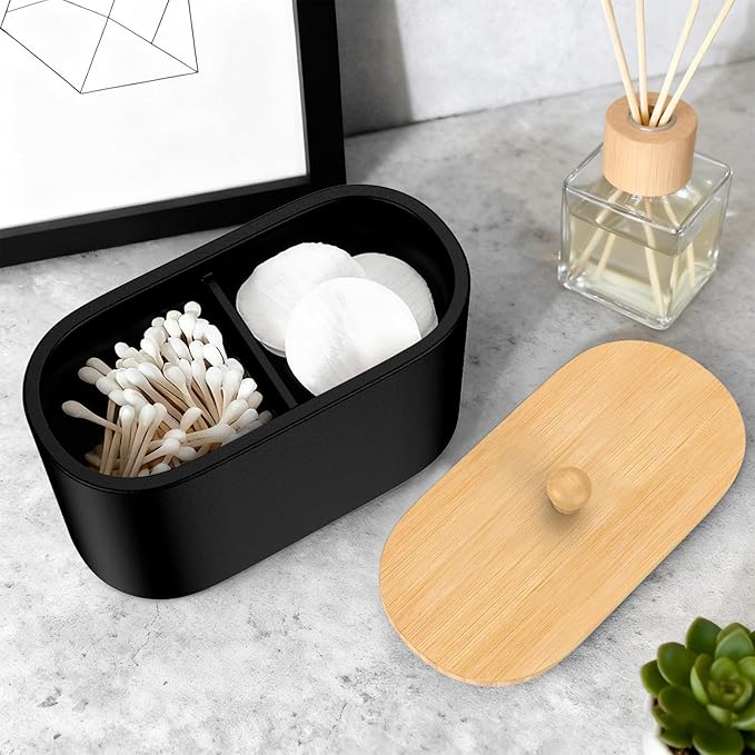 Cotton Swab Holder,Round Cotton Pads Balls Qtip Holder Dispenser with Lid, 2 Compartments Qtips Holder, Tampoms Period Box Bathroom Organizers Storage Bin Floss Dispenser Vanity Cosmetics, Black