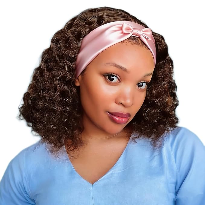 XSY Headband Wig Human Hair Deep Wave Chocolate Brown Headband Half Wigs for Black Women Glueless Human Hair Wigs 150% Density No Lace Wear Go Headband Wig 10 inch