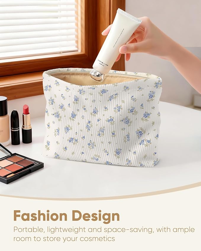 Cute Floral Makeup Pouch for Women Small Make Up Bag for Purse Zipper Initial Makeup Cosmetic Bags Pouches for Purse Aesthetic Travel Toiletry Bags,Cute Blue Floral