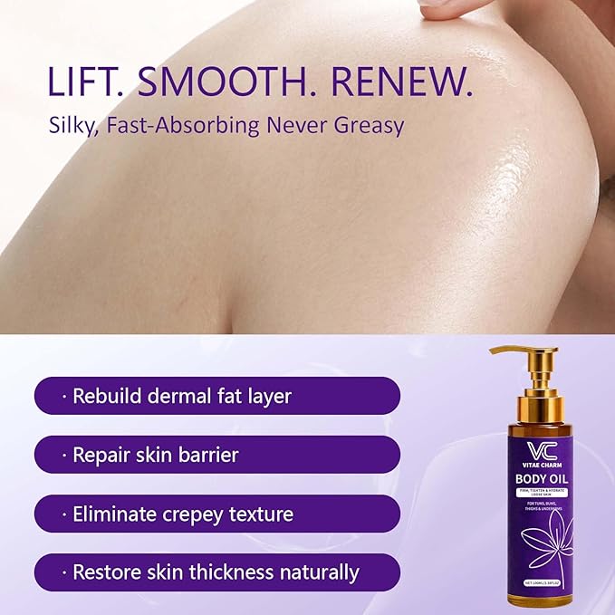 Vitae Charm Body Oil for Crepey Skin Repair, Luxury Cold-Pressed Body Oil for Skin Tightening & Deep Hydration, Blend of Jojoba, Almond & Coconut Oil for Smooth Skin, 3.4 fl oz