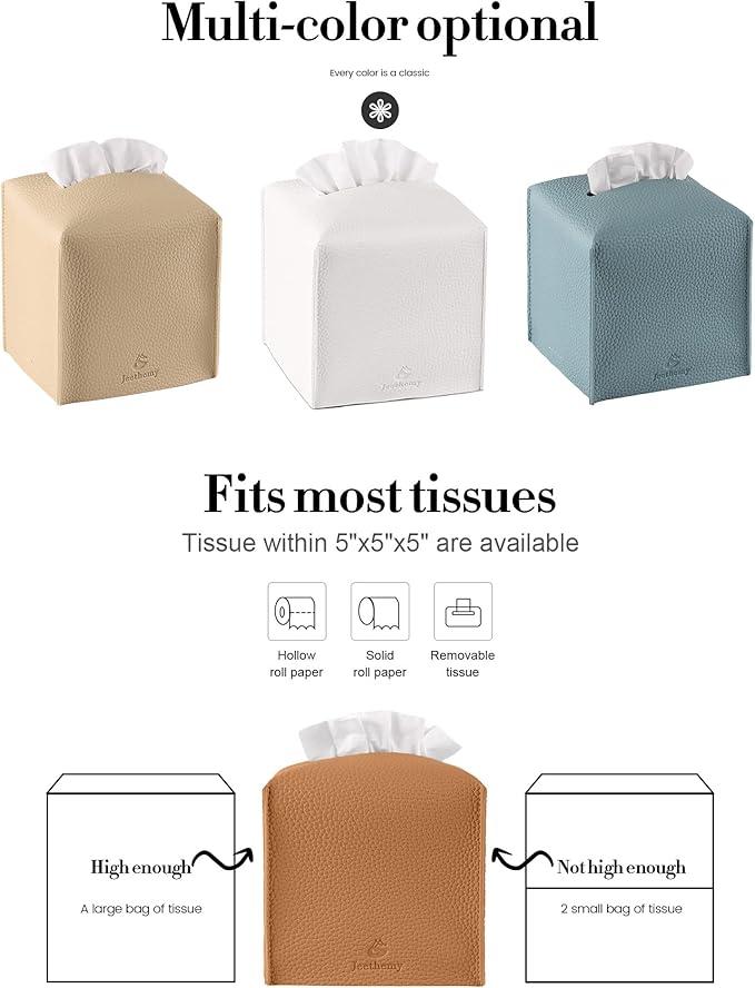 Tissue Box Cover, Jeethemy Square PU Leather Tissue Box Holder, Modern Tissue Case Facial Paper Organizer Dispenser，5X5X5'',Single Brown