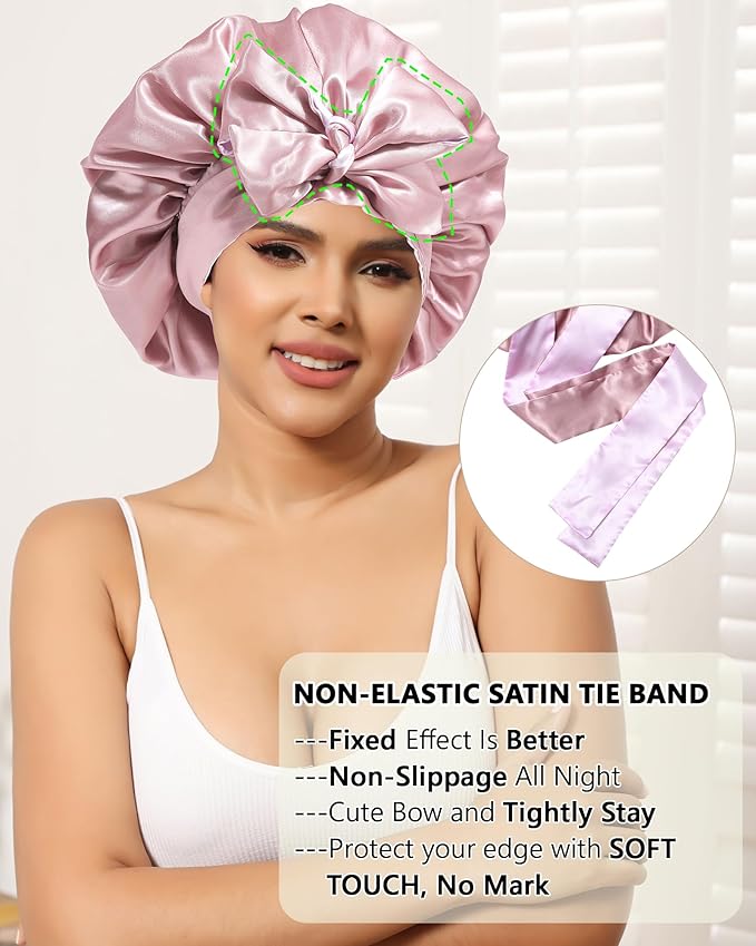 Satin Silk Hair Bonnets for Women Curly Hair Wrap for Sleeping Cap Reversible Bonnet with Tie Band Night Double Layer Sleep Cap ( Reversible Satin Bonnet(Bean Paste + Light Purple)