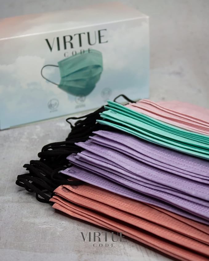 VIRTUE CODE Support Face Masks - Soft 3 Ply Comfort, Colorful Disposable 50 Pack. Pastel Colored for Adults, Men and Women