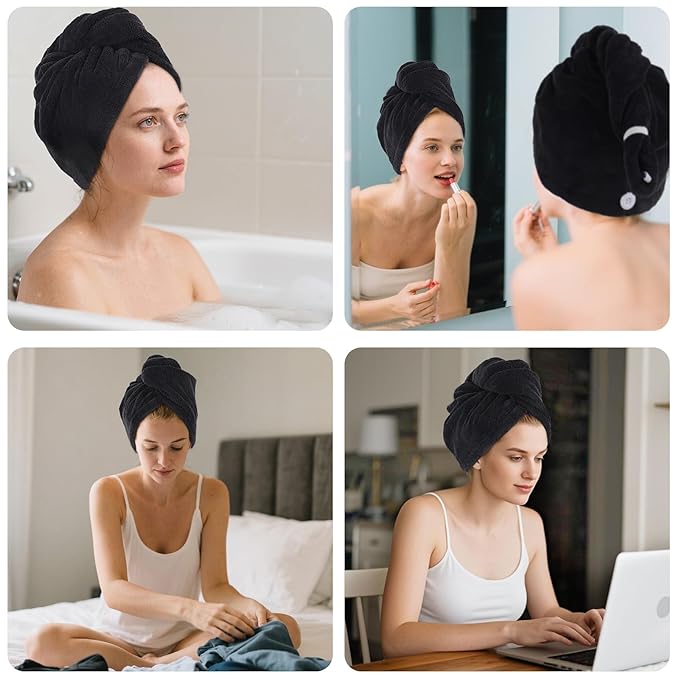 SINLAND Microfiber Hair Drying Cap Hair Towel Turban Twist for Women Fast Drying Towels Head Turban Absorbent Soft Lightweight Black 3 Pack