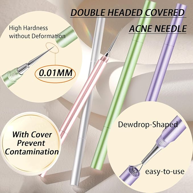 2-in-1 Professional Stainless Steel Acne Removal Needle, Whitehead & Blackhead Remover Tool, Pimples Comedone Extractor Removal Tool, Double Ended Needle with Cap Removal for Nose Face Tools(Green)