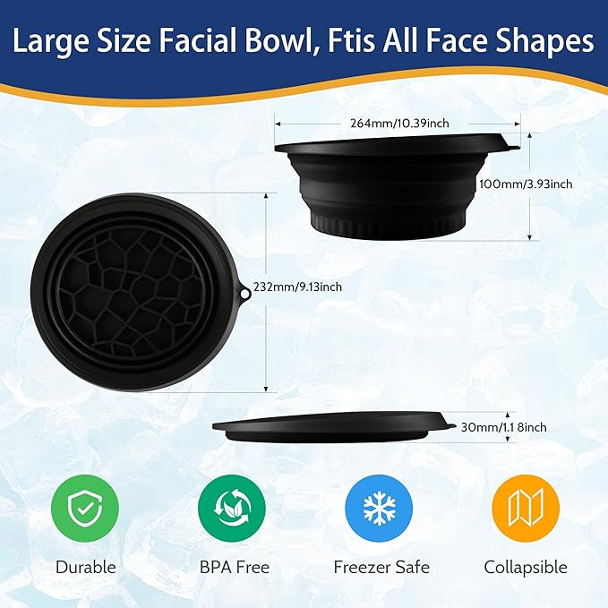 Large Bowl for Face Ice Bath, Foldable Facial Ice Bath with Built-in Icetray, Silicone Facial Ice Bath Bowl, Ice Face Bowl (Black)