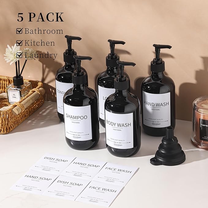 Stylish Shampoo Dispenser Bottles,(5Pack) 16.9oz Black Shampoo Bottles Refillable with Pump,Shampoo and Conditioner Dispenser