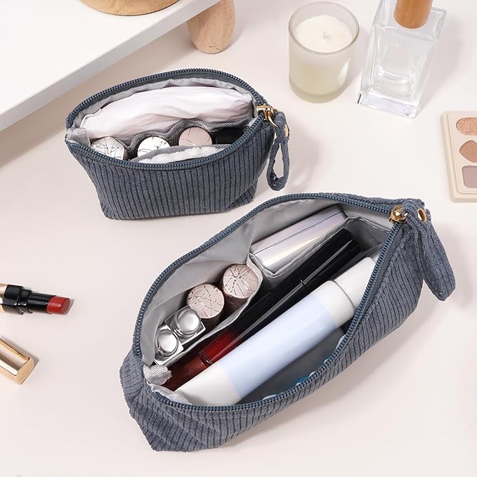 MAGEFY 2Pcs Makeup Bag Set, Cute Makeup Pouch for Purse Corduroy Travel Cosmetic Pouch for Women with Slip-in Pockets for Purse Essentials Accessories(Grey,Mini+Small)