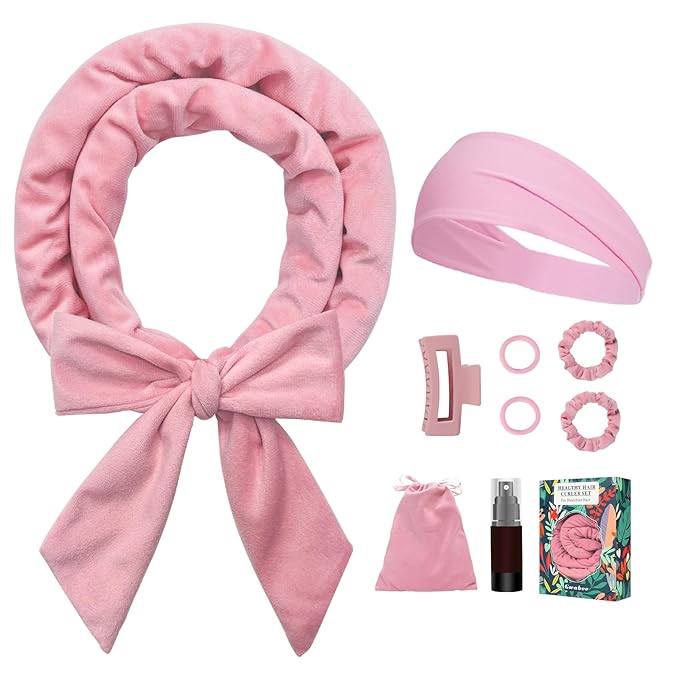 Soft Overnight Curl Headband, 70" Hair Curlers Ribbon Wrap for Long Hair with 9 PCS Rods and Yoga Strap - Pink