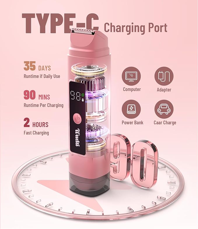 Electric Bikini Trimmer for Women: IPX7 Waterproof Dual Head Cordless Electric Shaver for Women with LED Display & 0.5mm Ceramic Blades for Pubic Hair, Face, Legs - Rose Pink