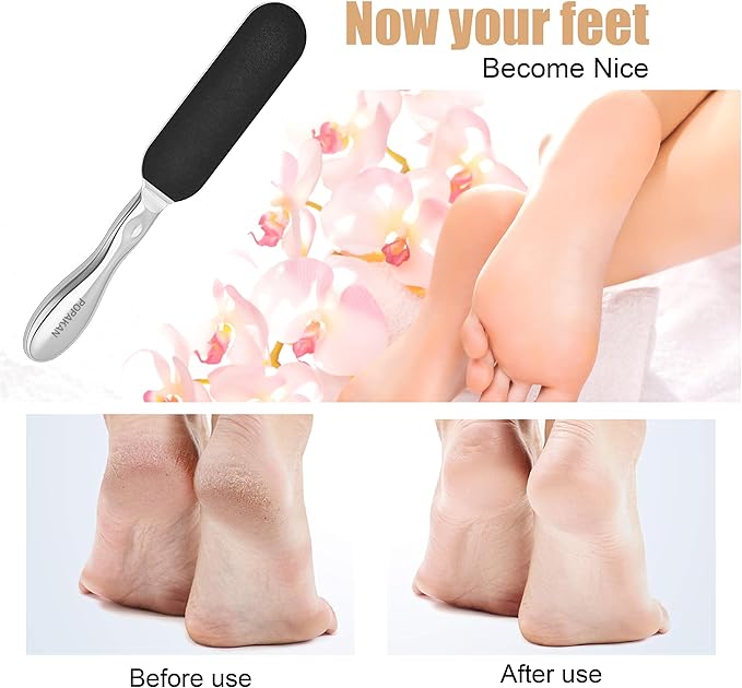 Professional Pedicure Foot File, Coarse/Fine Dual Sided and Reusable Stainless Steel Cracked Skin Corns Callus Remover Feet File with 12 Replaceable Coarse-Fine Foot Pads