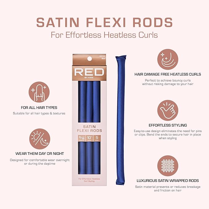 Red by Kiss Satin Flexi Heatless Curling Rods, Damage Free & Frizz Free No Heat Soft Curls, Silky Satin to Prevent Breakage, Comfortable Pin-Free Styling, Gentle Rollers for All Hair Types