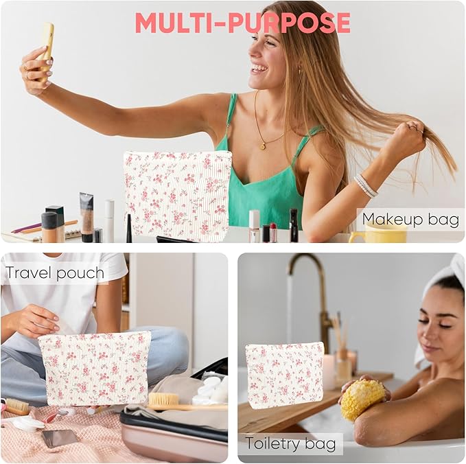 Cute Makeup Pouch for Women Flower Small Make Up Bag for Purse Zipper Initial Cosmetic Bags Pouches for Purse Aesthetic Travel Toiletrybags Gift,Red Floral
